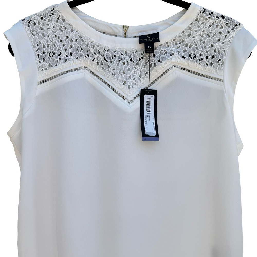 Worthington Womens PL Sleeveless Lace Yoke Blouse Snowdrift White Back Zip NWT
